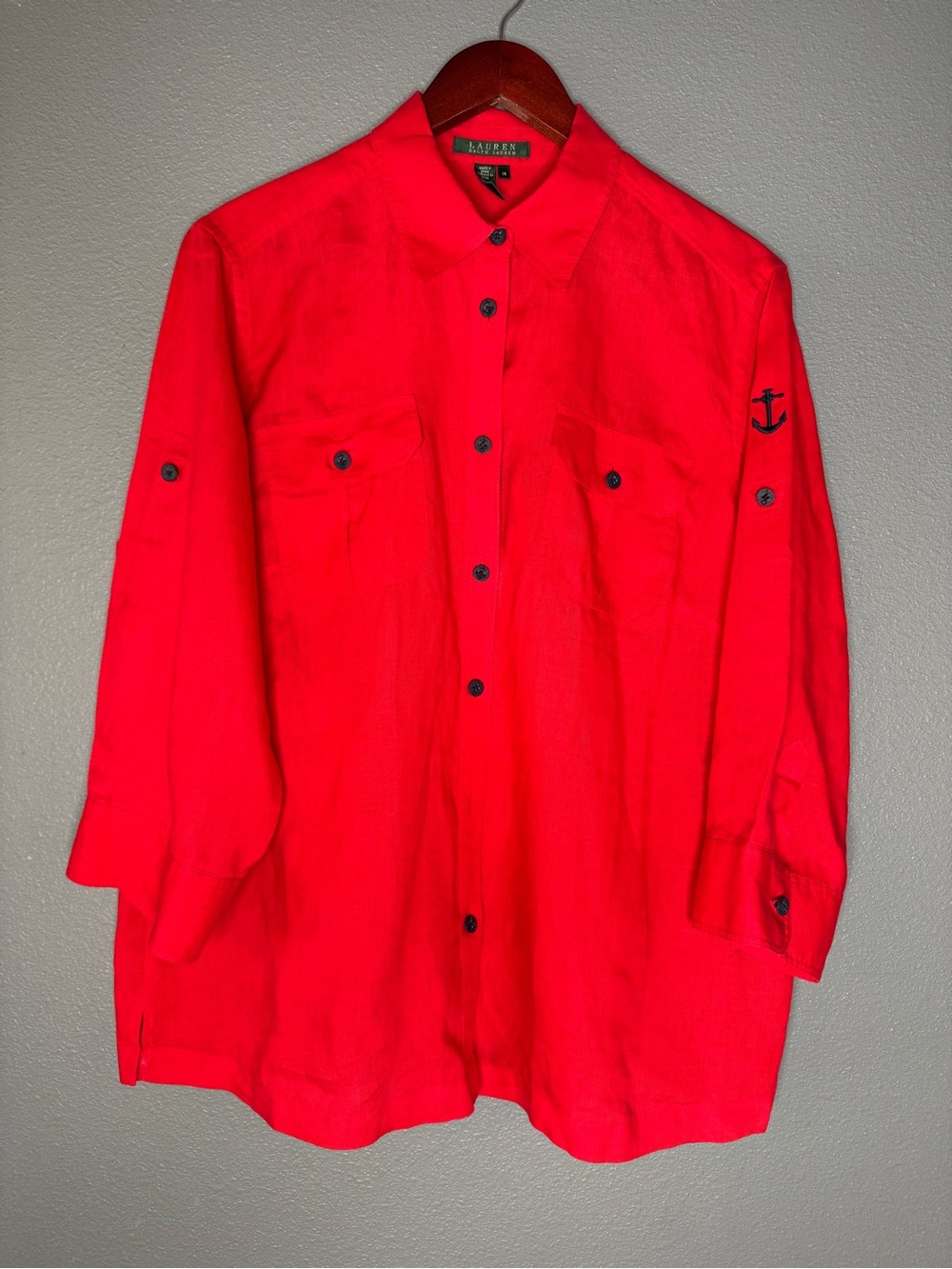 Lauren Ralph Lauren 1X Red 100% Linen Nautical Anchor Button Down Shirt
